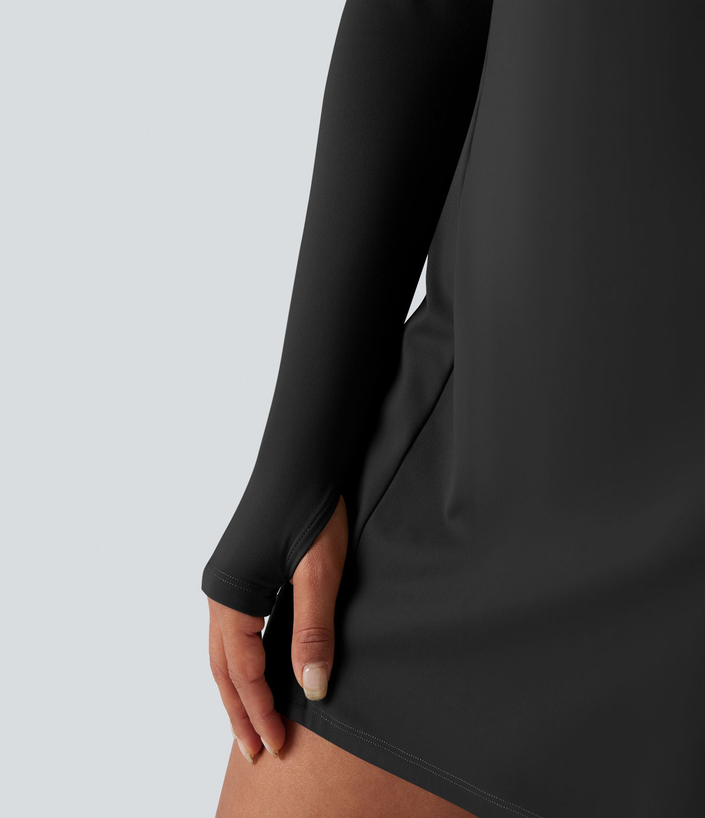 SoftlyZero™ Plush Stand Collar Half Zipper Long Sleeve Thumb Holes Pleated Hem Mini Dance Active Dress