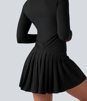 SoftlyZero™ Plush Stand Collar Half Zipper Long Sleeve Thumb Holes Pleated Hem Mini Dance Active Dress
