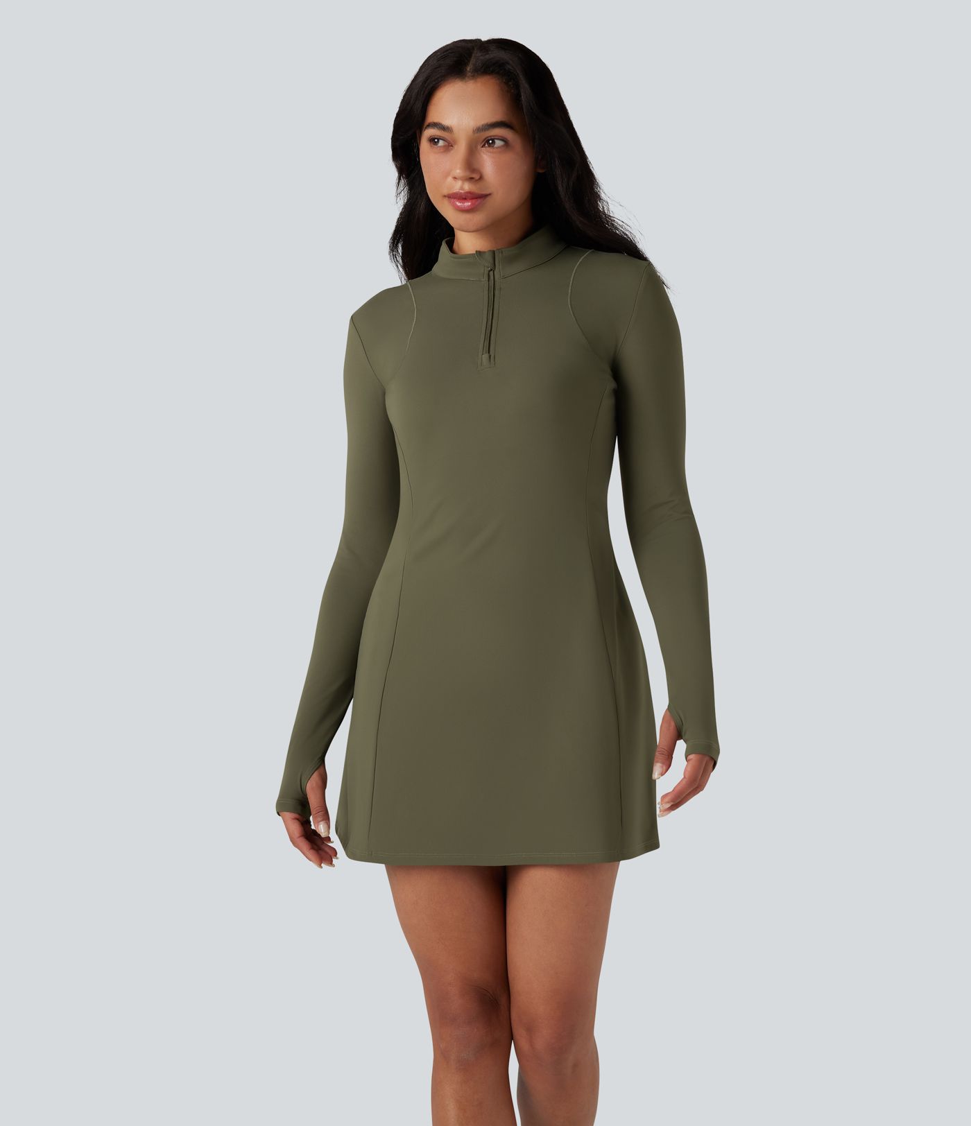 SoftlyZero™ Plush Stand Collar Half Zipper Long Sleeve Thumb Holes Pleated Hem Mini Dance Active Dress