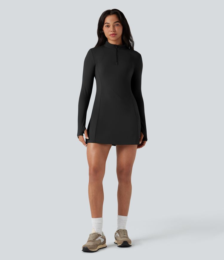 SoftlyZero™ Plush Stand Collar Half Zipper Long Sleeve Thumb Holes Pleated Hem Mini Dance Active Dress