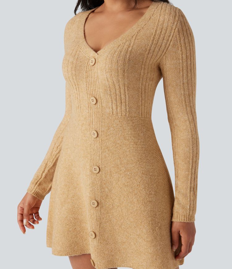 V-neck Long Sleeve Mini Casual Sweater Dress