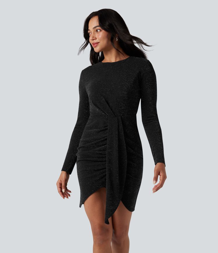Round Neck Long Sleeve Ruched Bodycon Mini Metallic Party Dress