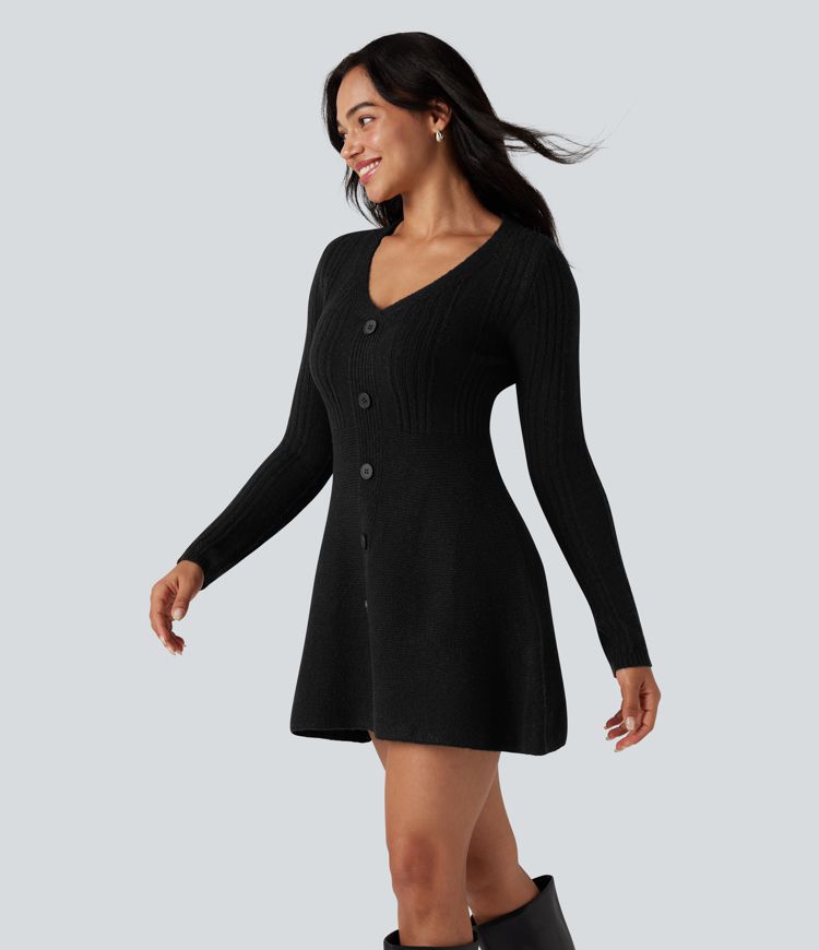 V-neck Long Sleeve Mini Casual Sweater Dress