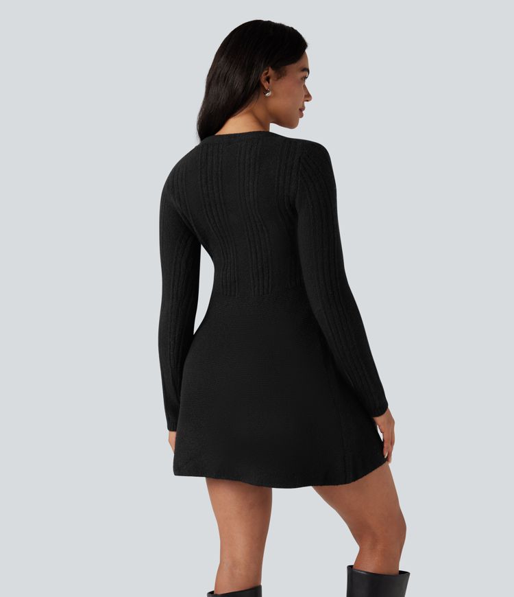 V-neck Long Sleeve Mini Casual Sweater Dress