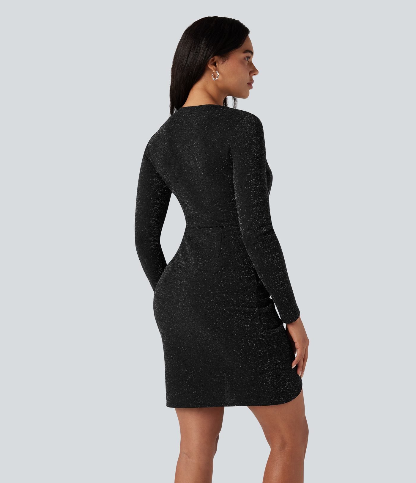 Round Neck Long Sleeve Ruched Bodycon Mini Sparkle Party Dress