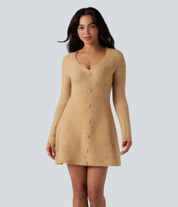 V-neck Long Sleeve Mini Casual Sweater Dress