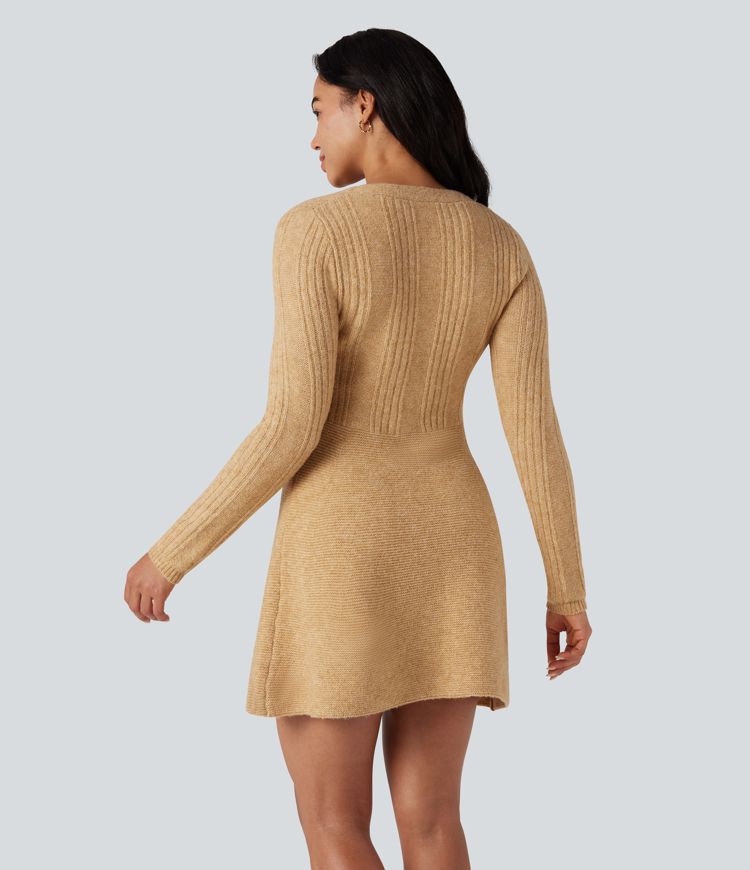 V-neck Long Sleeve Mini Casual Sweater Dress