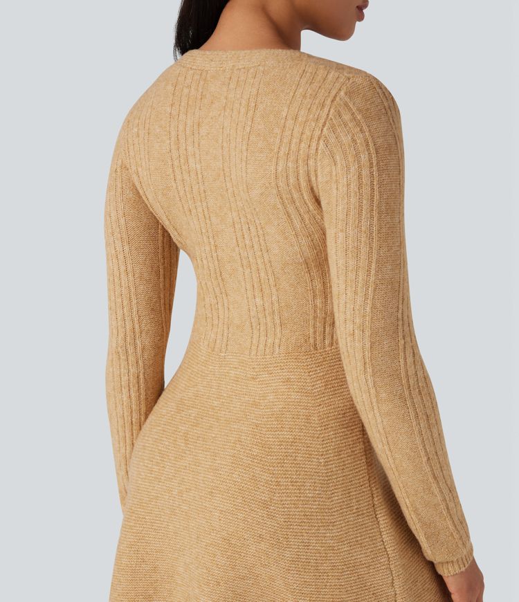 V-neck Long Sleeve Mini Casual Sweater Dress