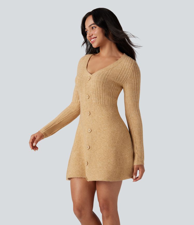 V-neck Long Sleeve Mini Casual Sweater Dress