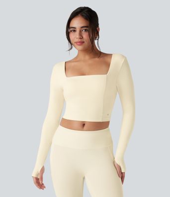 SoftlyZero™ Plush Square Neck Long Sleeve Thumb Hole Contrast Mesh Cropped Yoga Sports Top