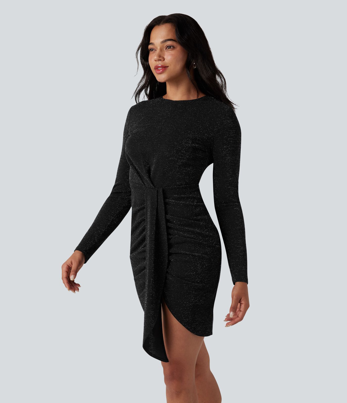 Round Neck Long Sleeve Ruched Bodycon Mini Sparkle Party Dress