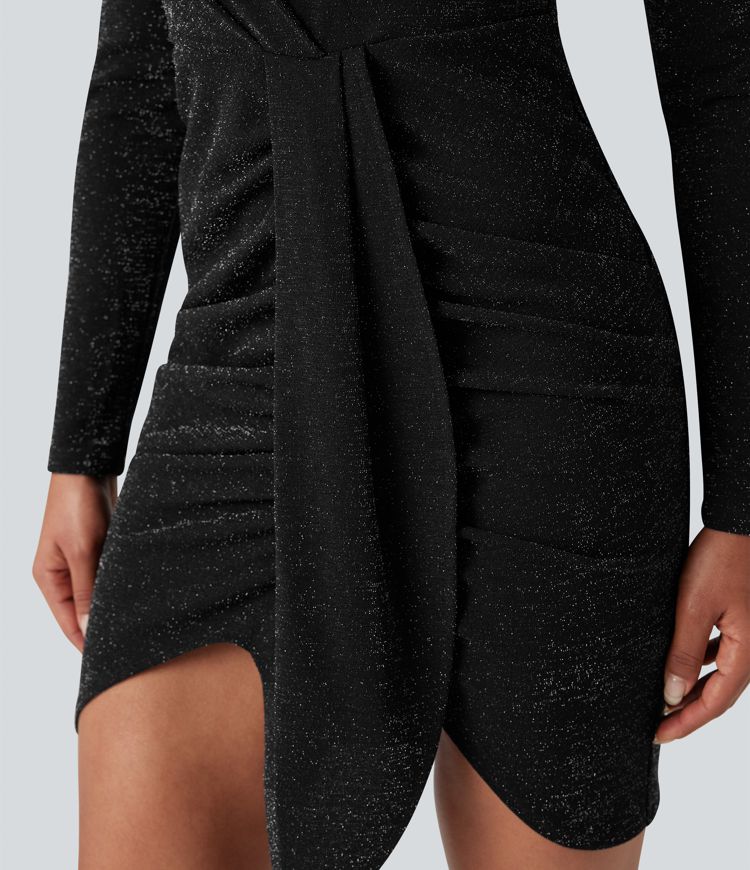 Round Neck Long Sleeve Ruched Bodycon Mini Metallic Party Dress