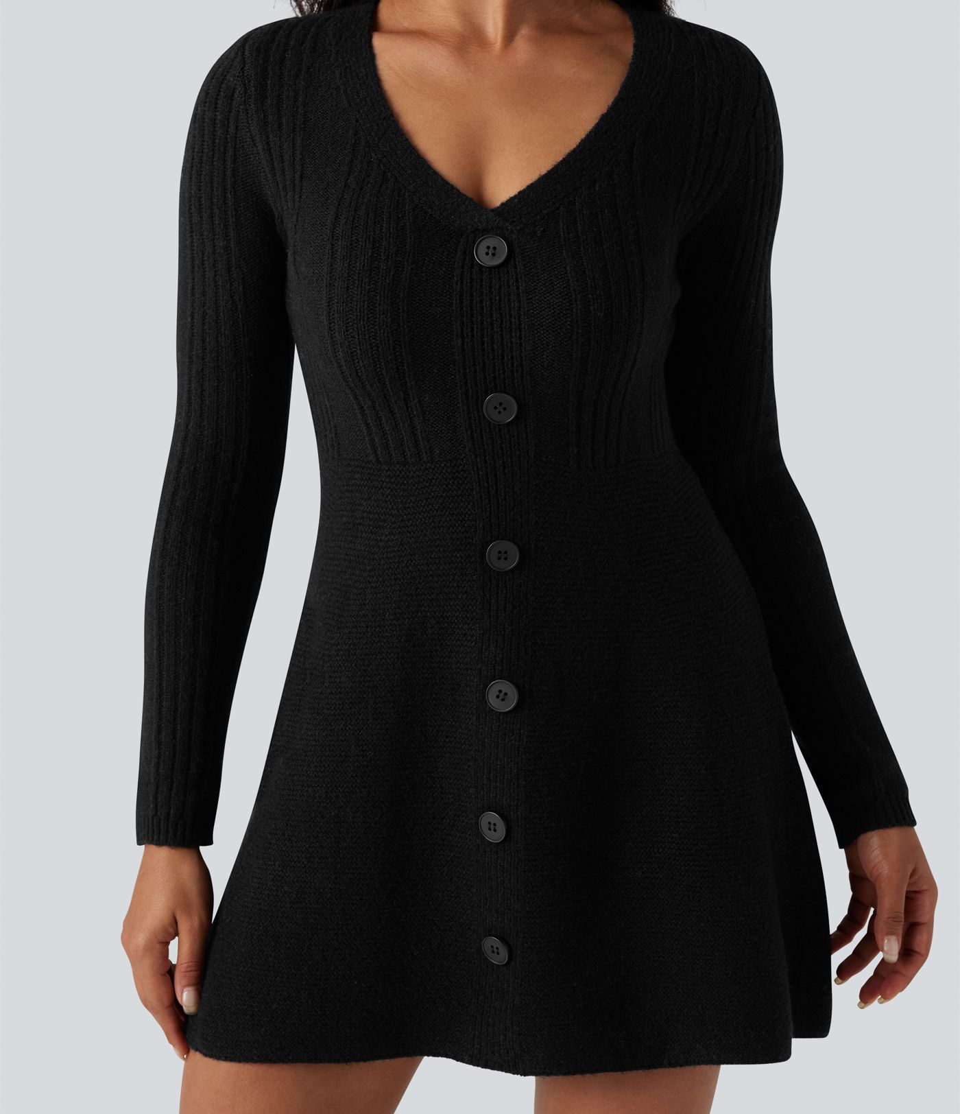 Lässiges Mini-Pulloverkleid mit V-Ausschnitt und langen Ärmeln