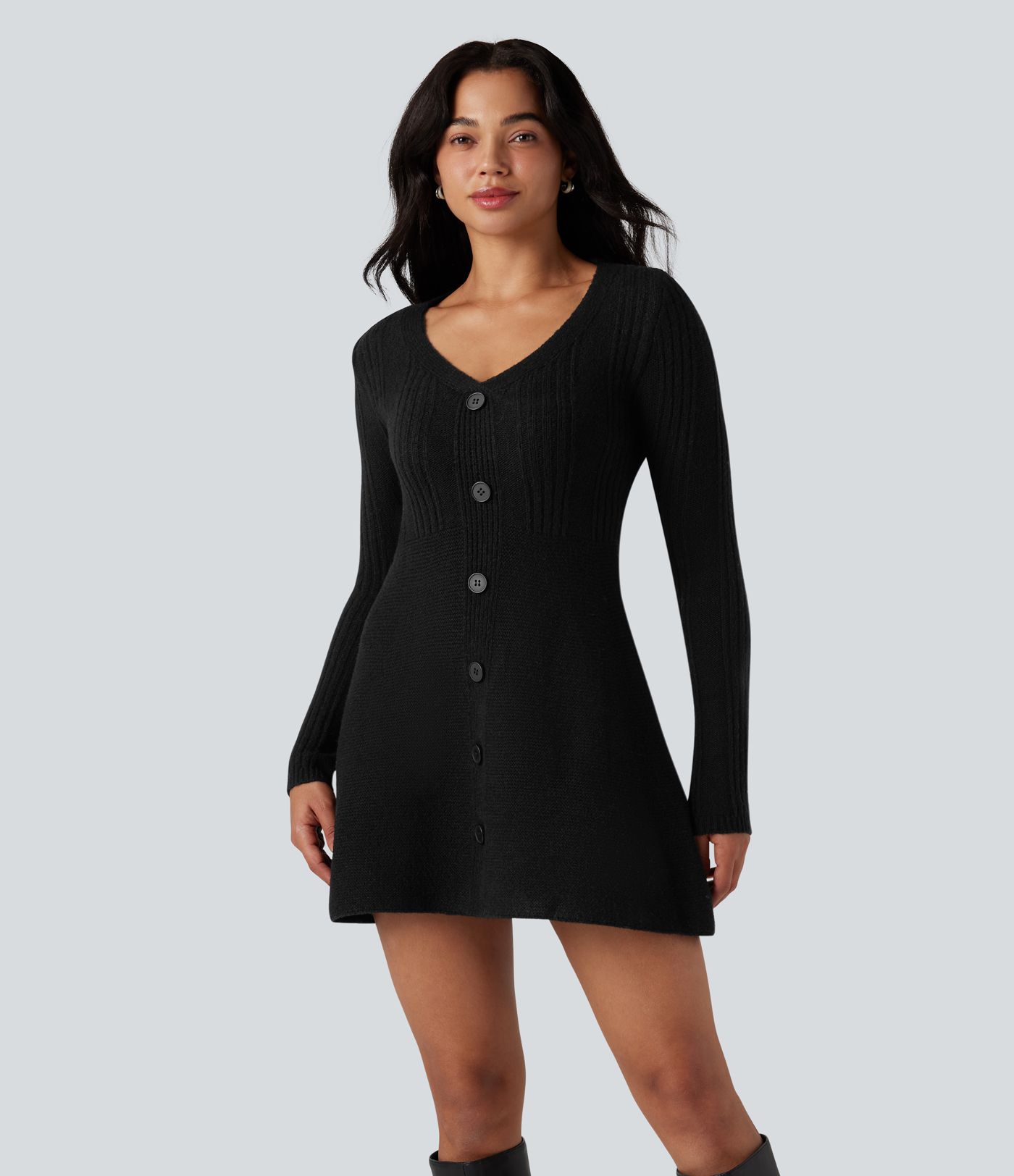 Lässiges Mini-Pulloverkleid mit V-Ausschnitt und langen Ärmeln