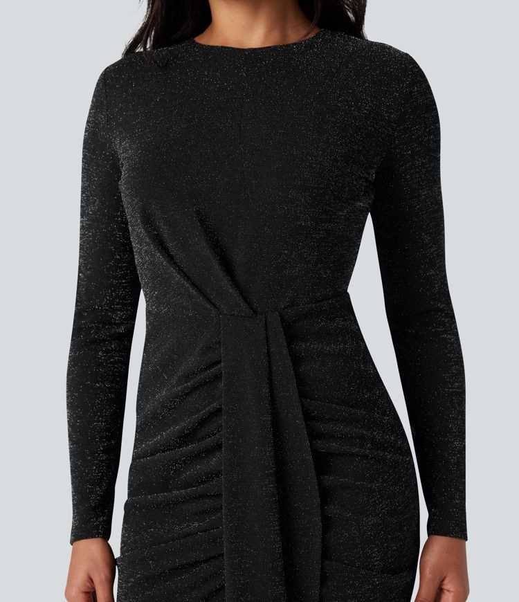 Round Neck Long Sleeve Ruched Bodycon Mini Metallic Party Dress