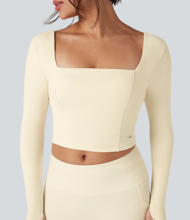SoftlyZero™ Plush Square Neck Long Sleeve Thumb Hole Contrast Mesh Cropped Yoga Sports Top