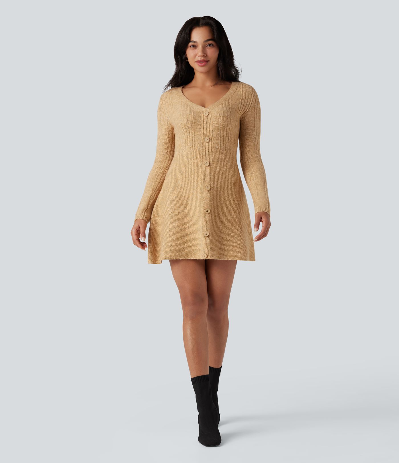 V-neck Long Sleeve Mini Casual Jumper Dress