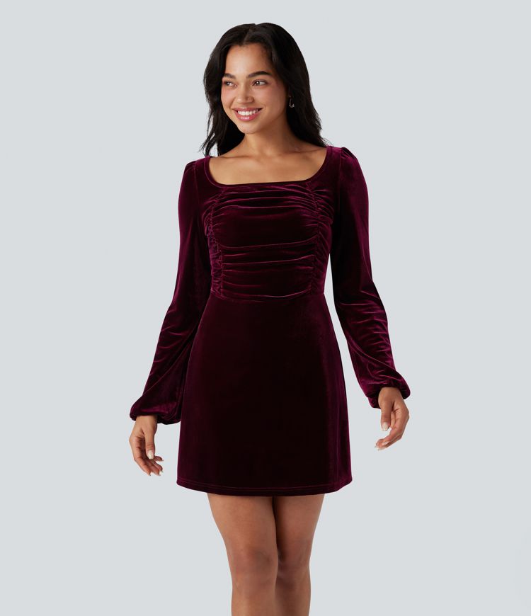 Square Neck Long Sleeve Ruched Velvet Mini Dress