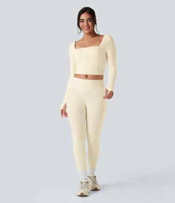SoftlyZero™ Plush Square Neck Long Sleeve Thumb Hole Contrast Mesh Cropped Yoga Sports Top