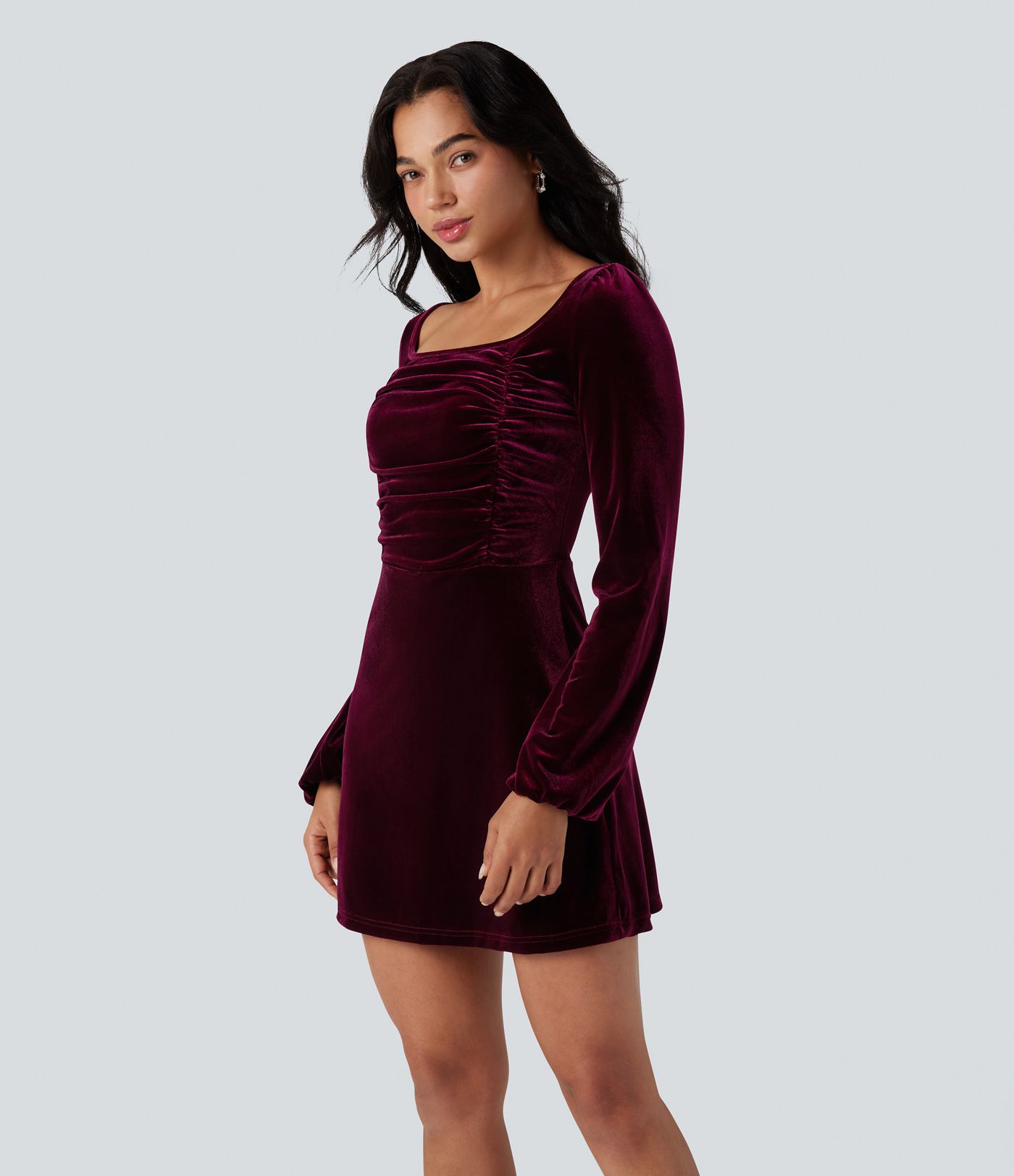 Square Neck Long Sleeve Ruched Velvet Mini Dress