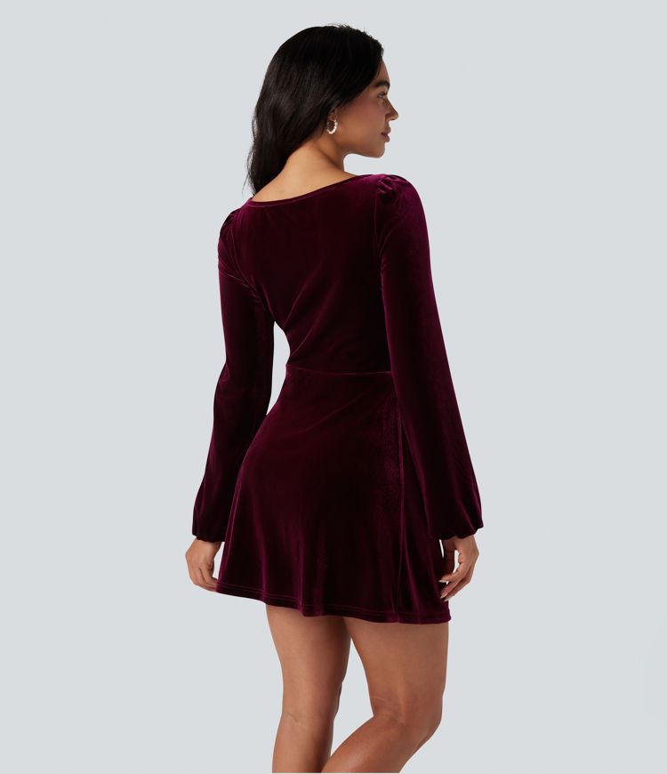 Square Neck Long Sleeve Ruched Velvet Mini Dress