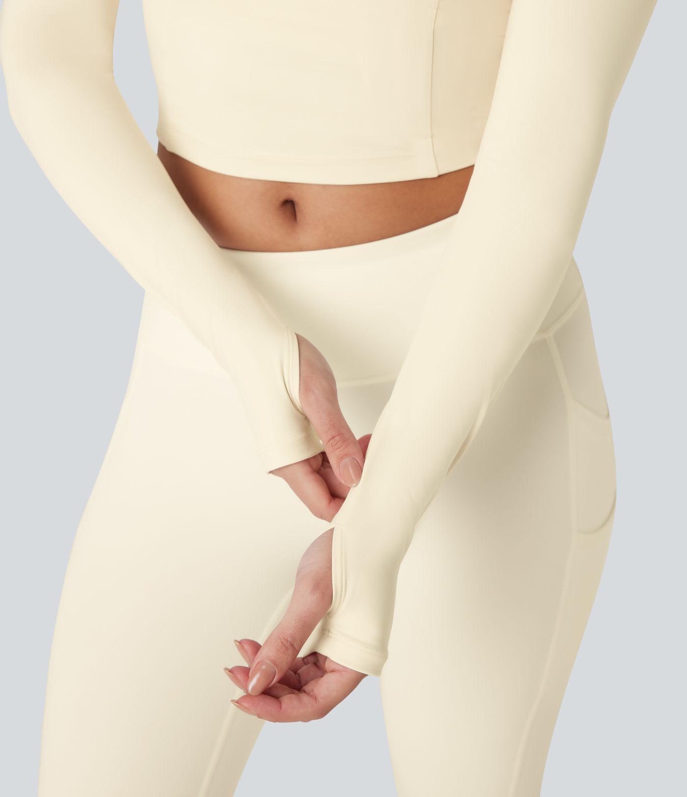 SoftlyZero™ Plush Square Neck Long Sleeve Thumb Hole Contrast Mesh Cropped Yoga Sports Top
