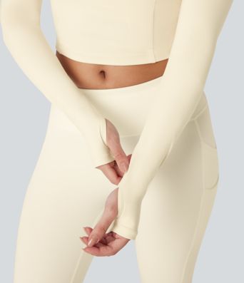 SoftlyZero™ Plush Square Neck Long Sleeve Thumb Hole Contrast Mesh Cropped Yoga Sports Top