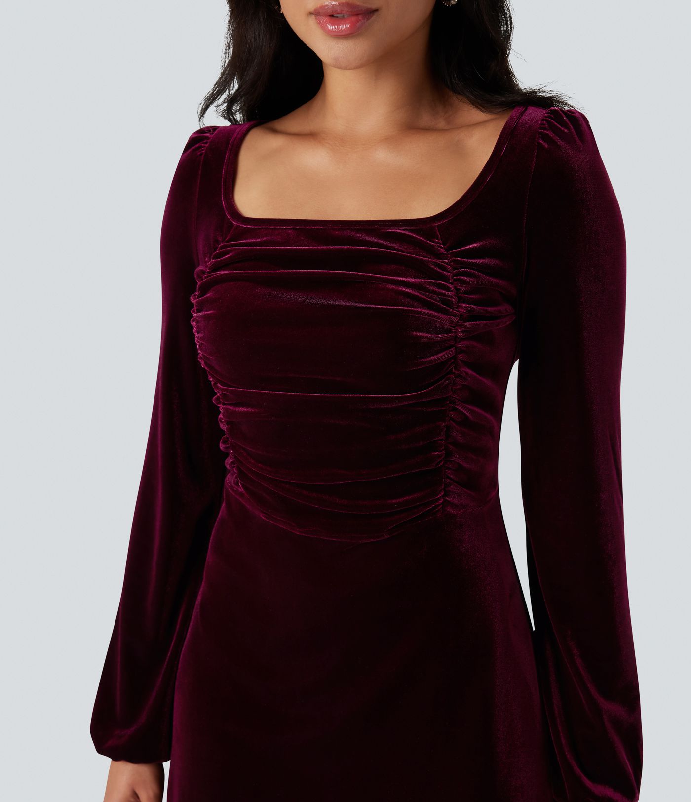 Square Neck Long Sleeve Ruched Velvet Mini Dress
