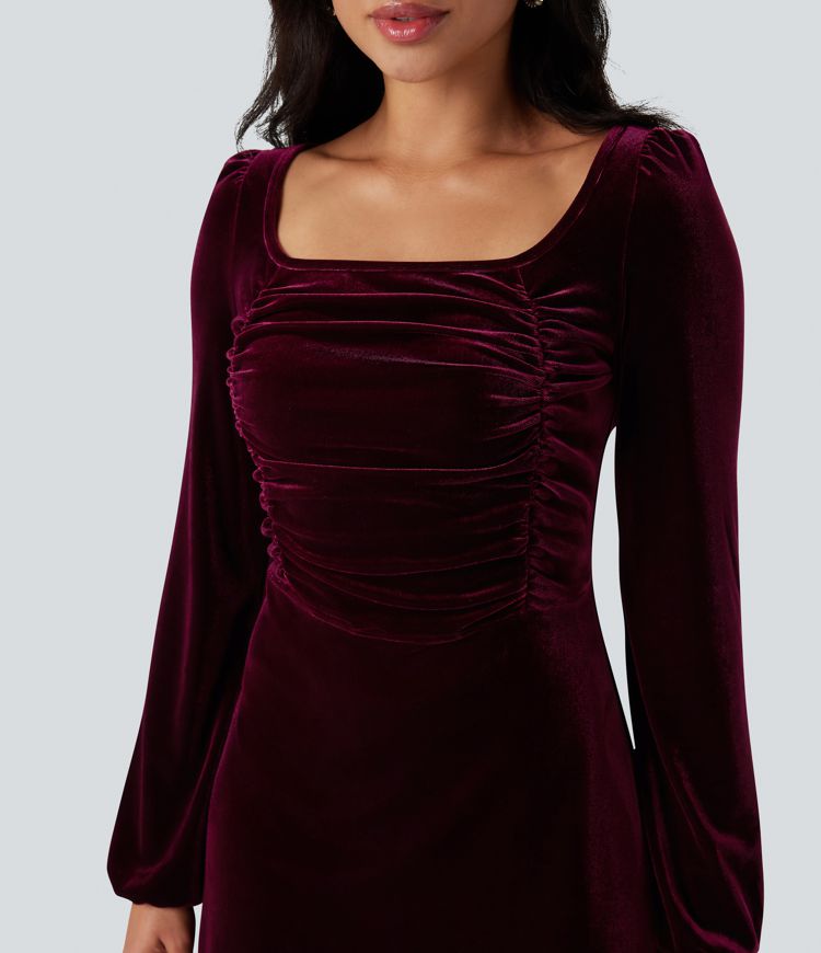 Square Neck Long Sleeve Ruched Velvet Mini Dress
