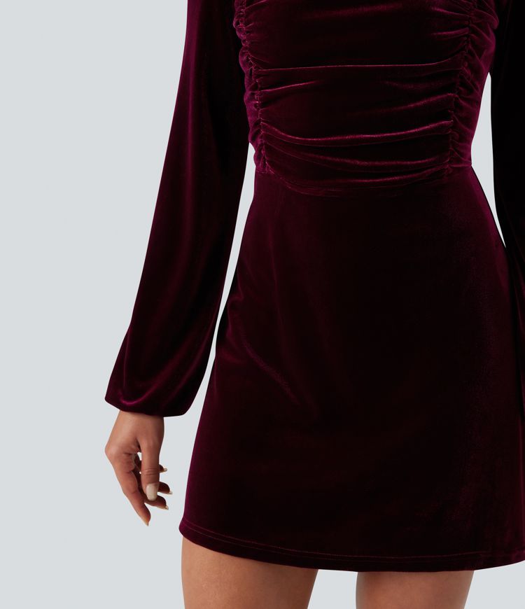Square Neck Long Sleeve Ruched Velvet Mini Dress