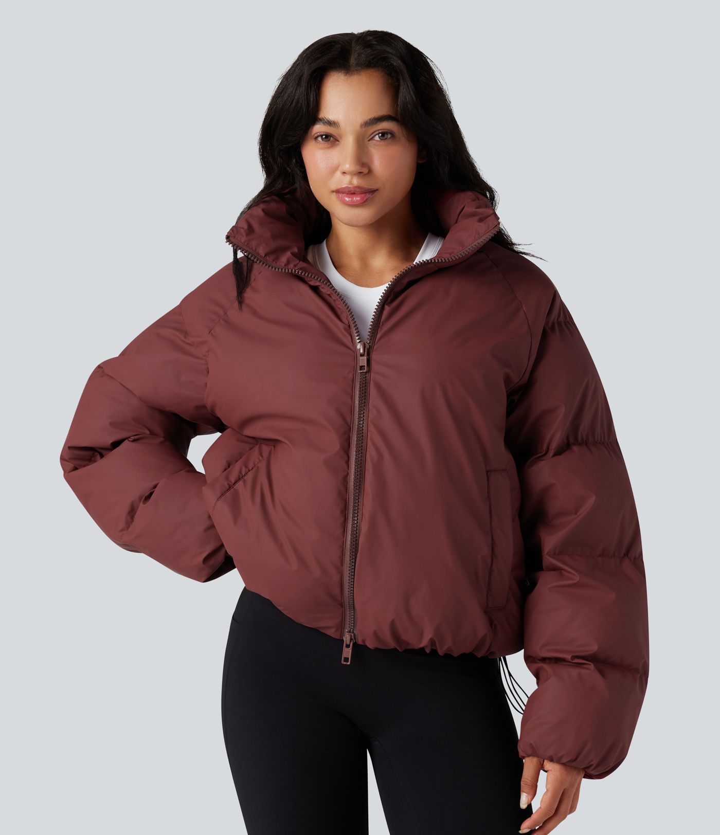 High-neck Drawstring Hem Oversize Casual Puffer Jacket with Pockets