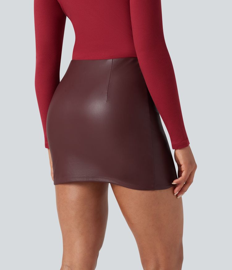 High Waisted Bodycon 2-in-1 Fleece Mini PU Leather Skirt