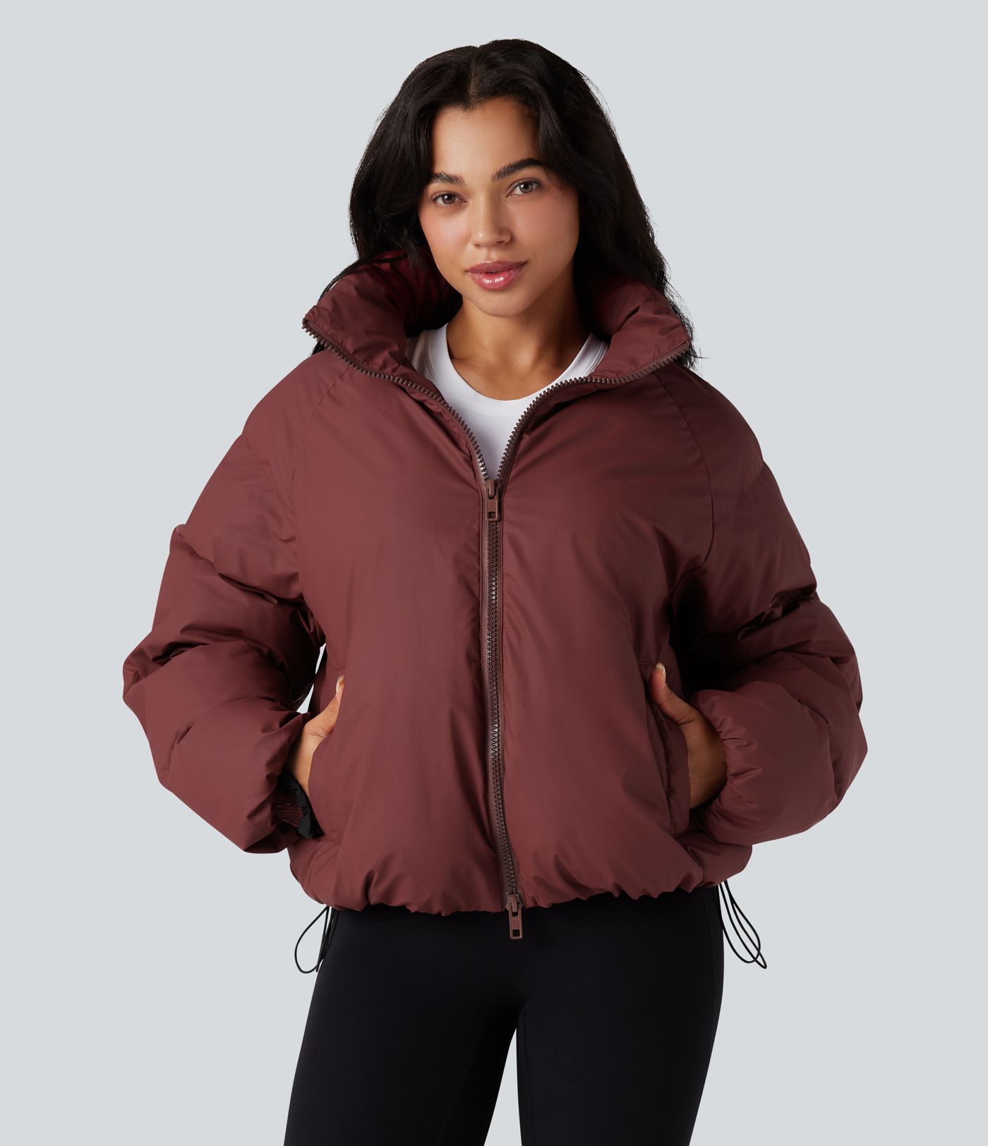 High-neck Drawstring Hem Oversize Casual Puffer Jacket with Pockets