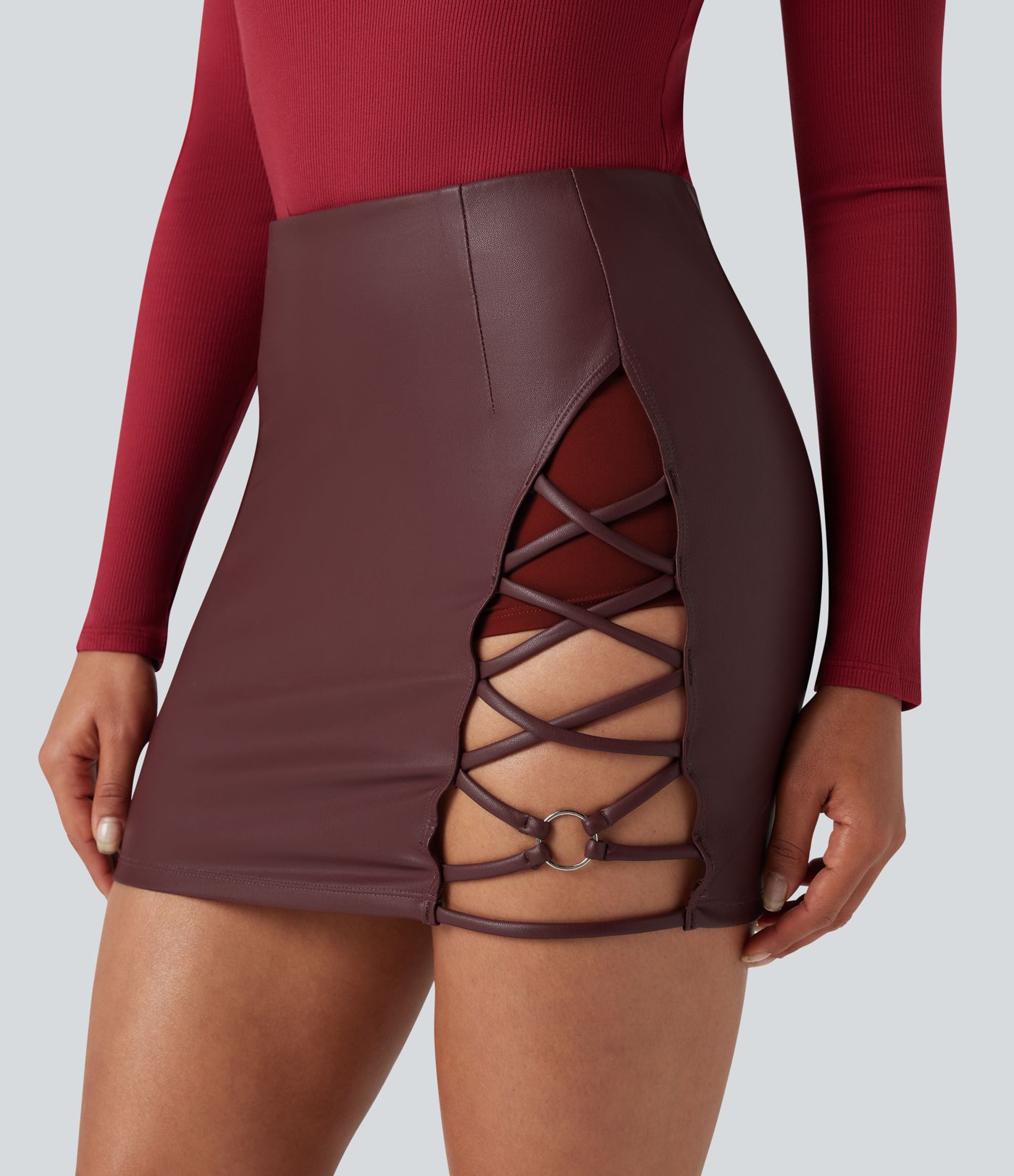 High Waisted Bodycon 2-in-1 Fleece Mini PU Faux Leather Skirt
