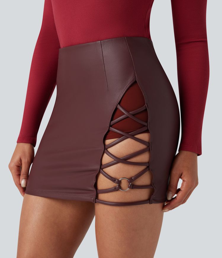 High Waisted Bodycon 2-in-1 Fleece Mini PU Leather Skirt
