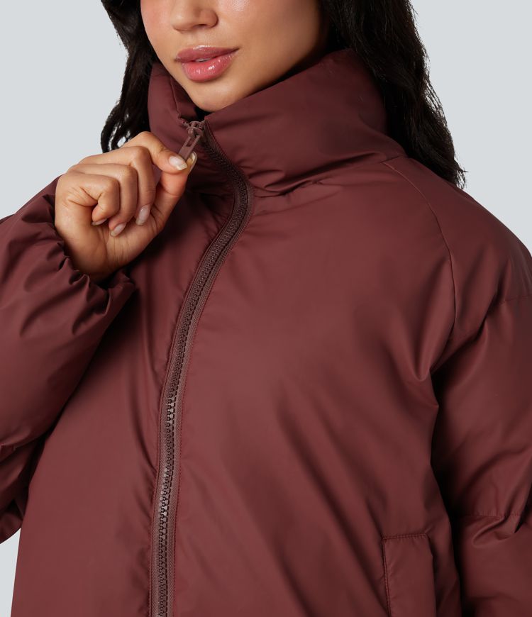 High-neck Drawstring Hem Oversize Casual Padded Jacket with Pockets