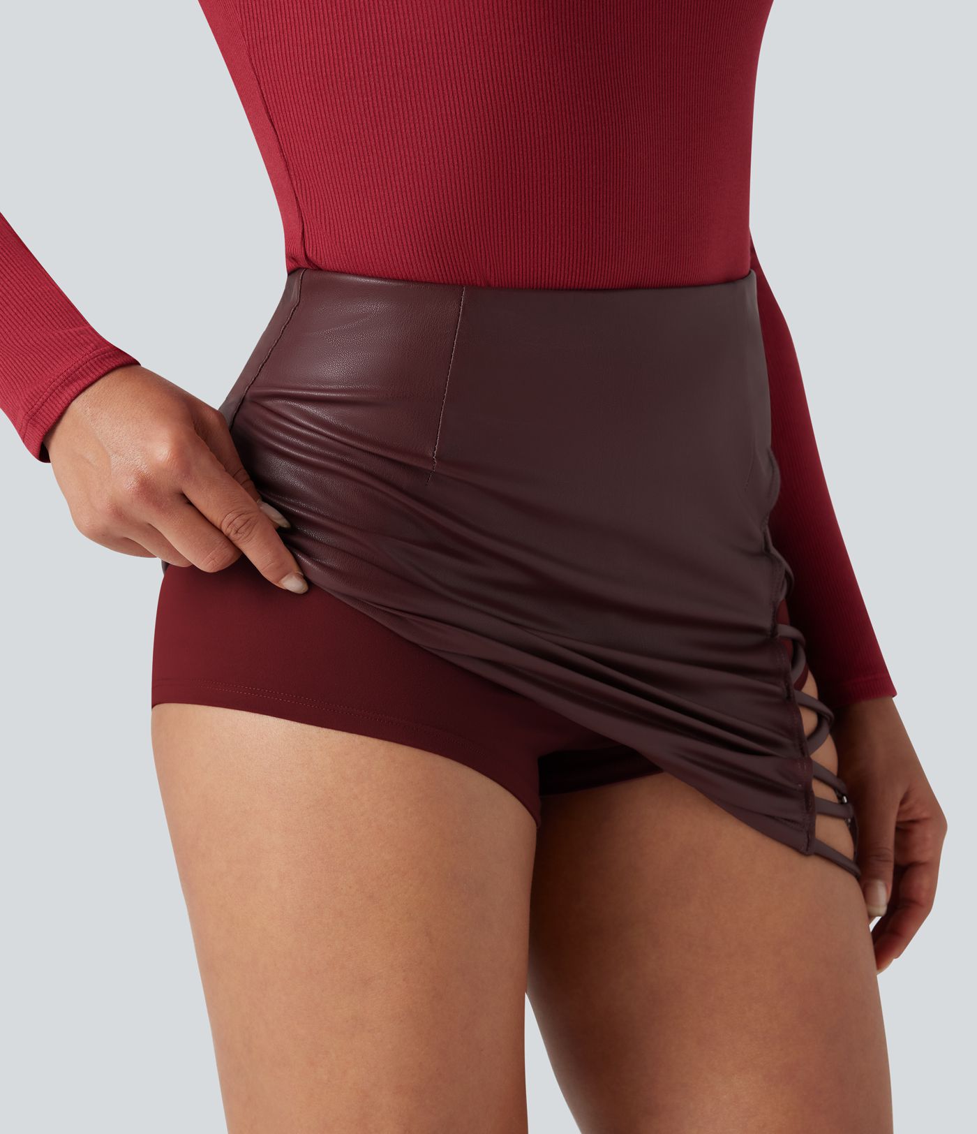 High Waisted Bodycon 2-in-1 Fleece Mini PU Faux Leather Skirt