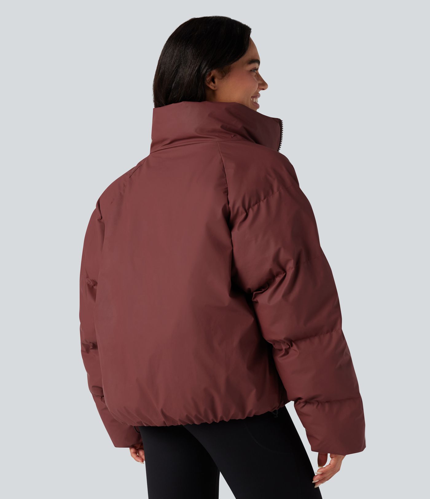 High-neck Drawstring Hem Oversize Casual Puffer Jacket with Pockets