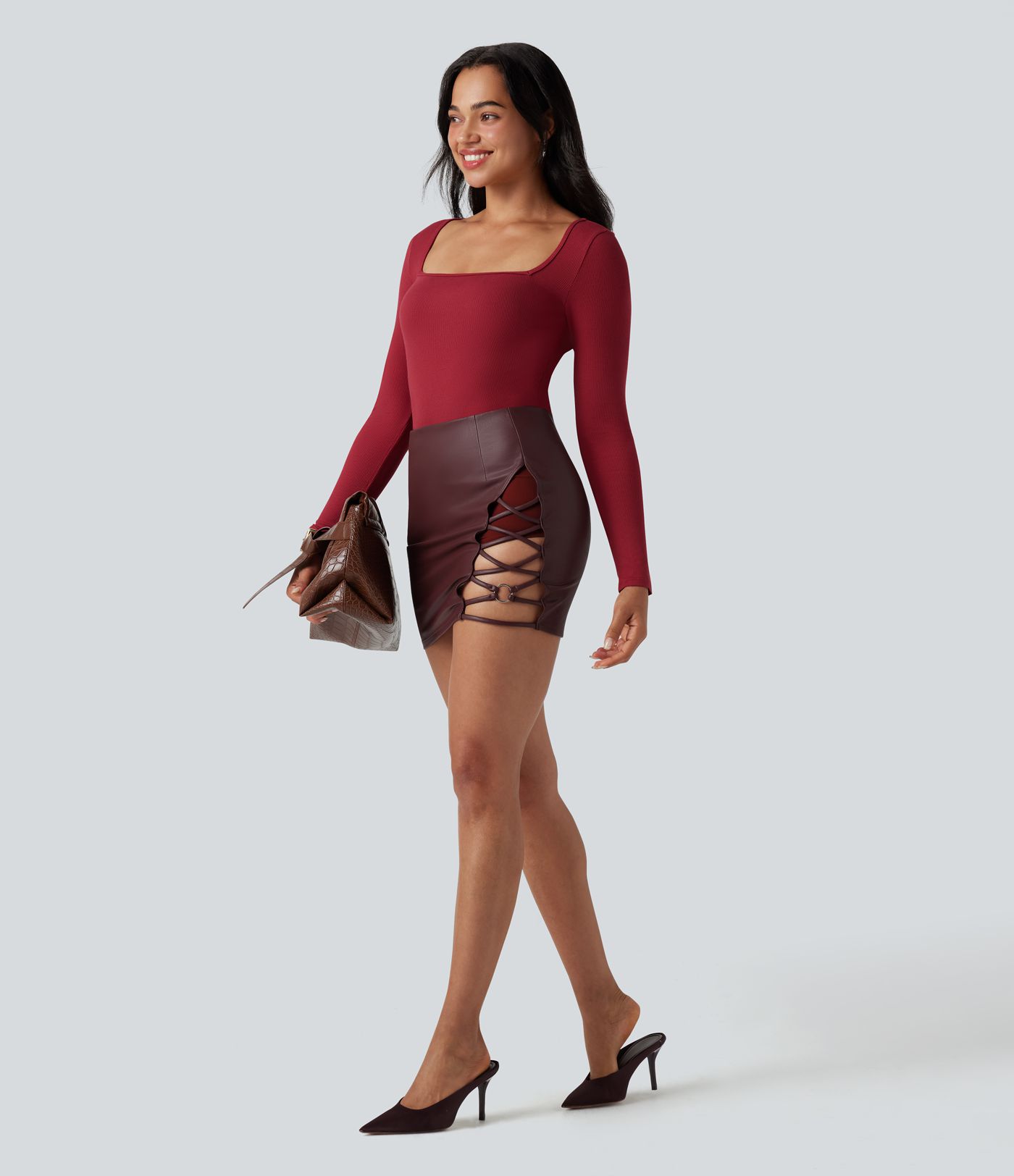 High Waisted Bodycon 2-in-1 Fleece Mini PU Faux Leather Skirt