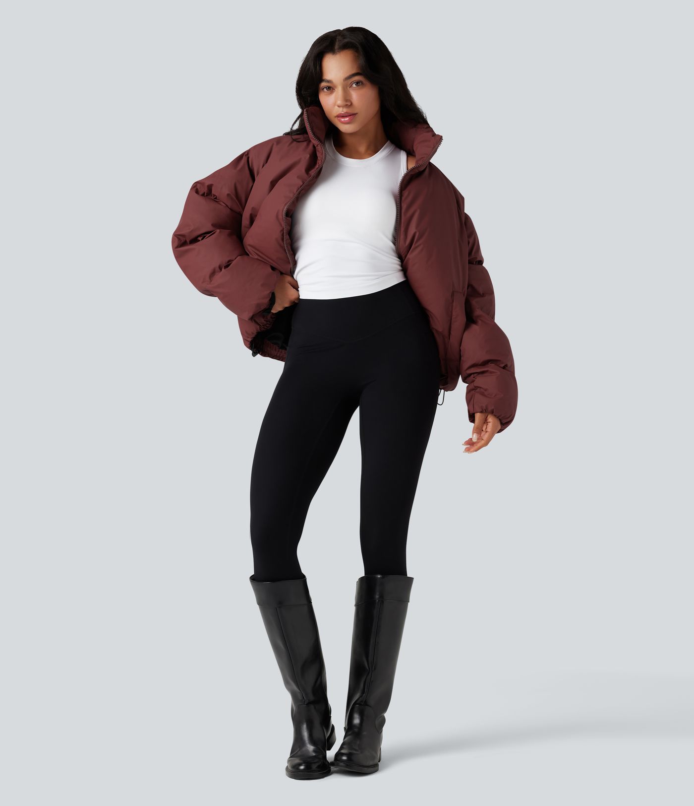 High-neck Drawstring Hem Oversize Casual Puffer Jacket with Pockets
