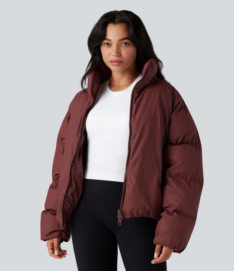 High-neck Drawstring Hem Oversize Casual Padded Jacket with Pockets