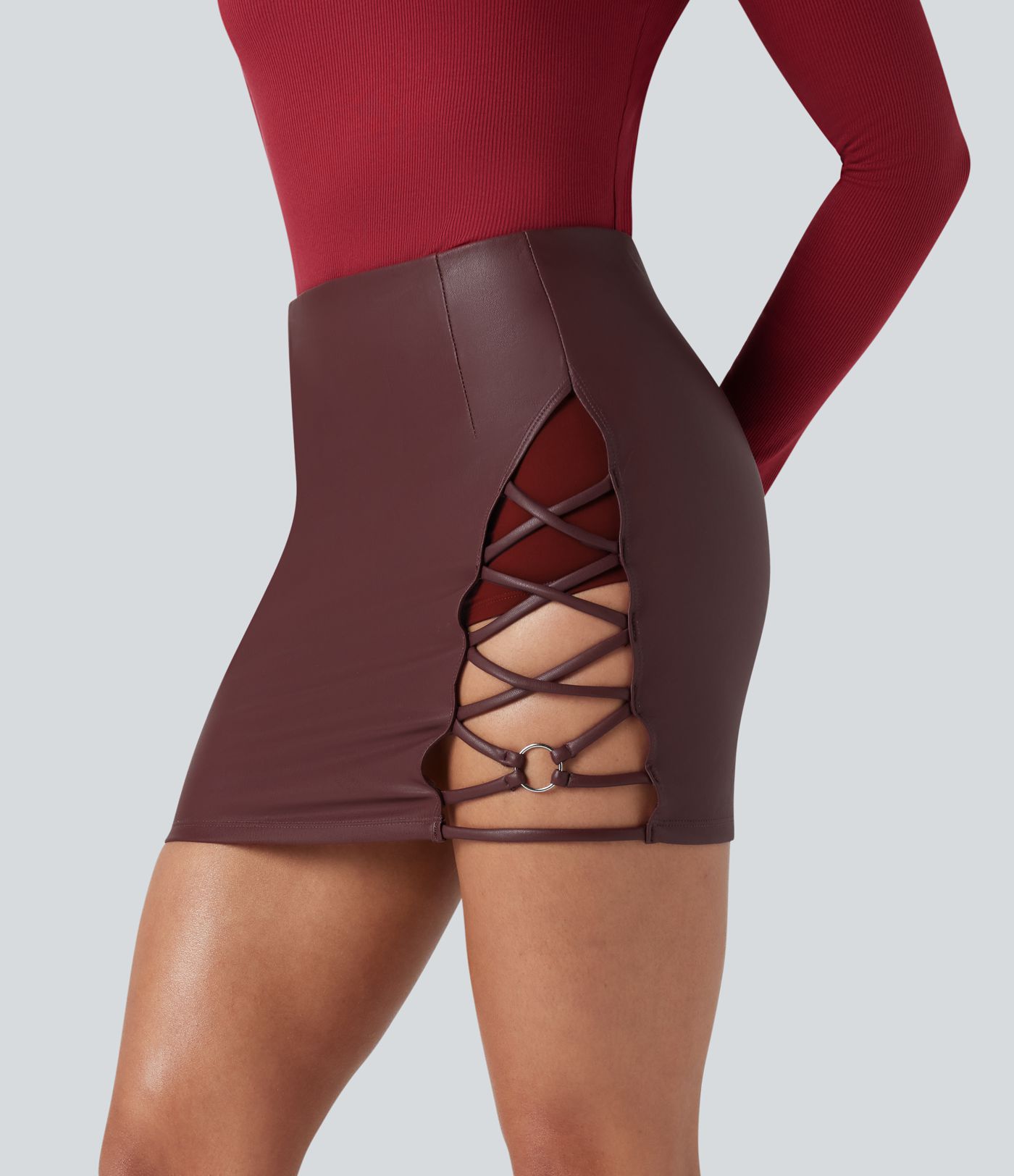 High Waisted Bodycon 2-in-1 Fleece Mini PU Faux Leather Skirt