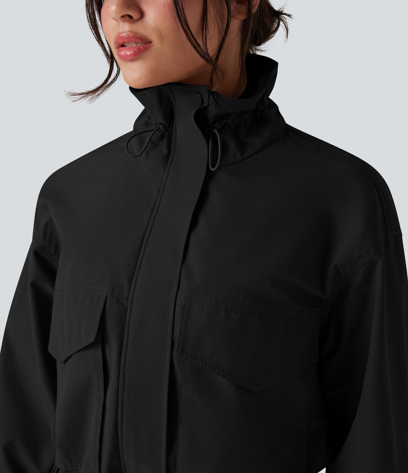 Durable Water Repellent Drawstring Casual Windbreaker Jacket with Pockets