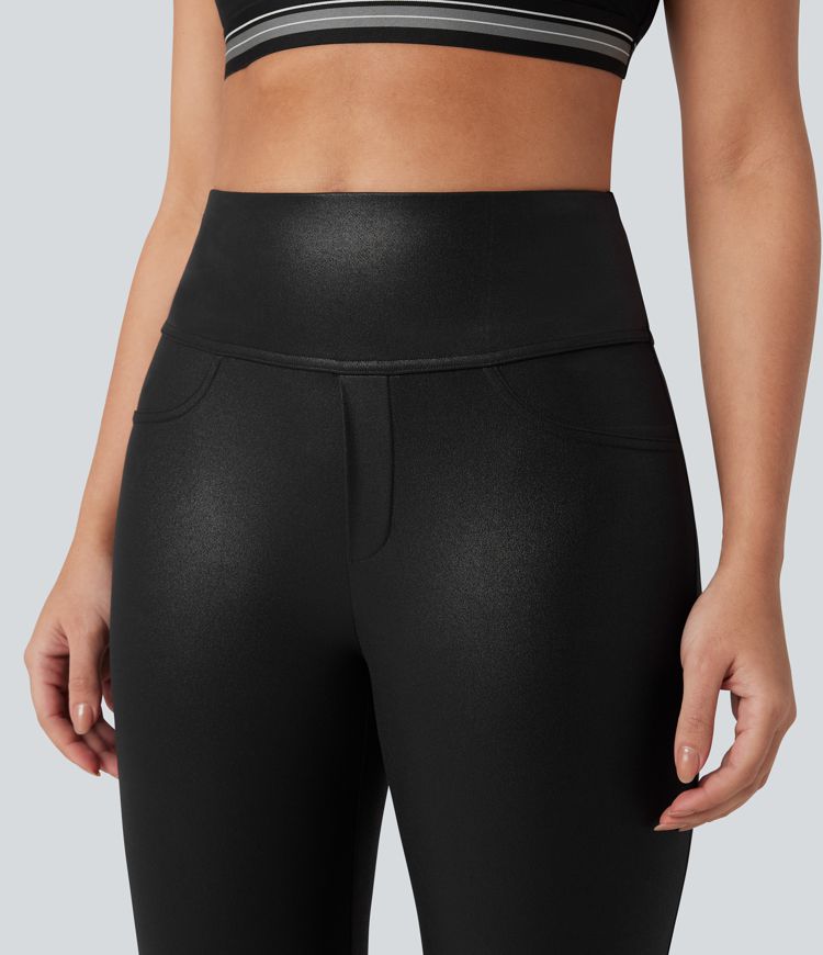 Halara Ultrasculpt™ Faux Leather Shine High Waisted Tummy Control Yoga Leggings with Pockets