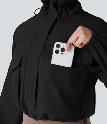 Durable Water Repellent Drawstring Casual Windbreaker Jacket with Pockets