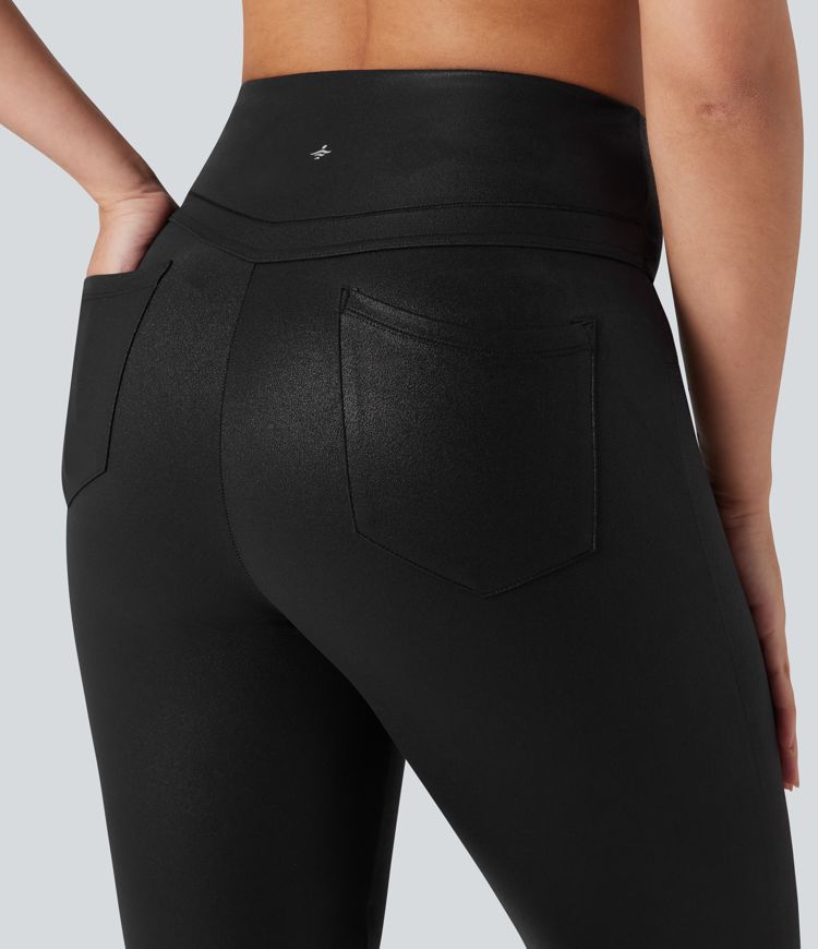 Halara Ultrasculpt™ Faux Leather Shine High Waisted Tummy Control Yoga Leggings with Pockets