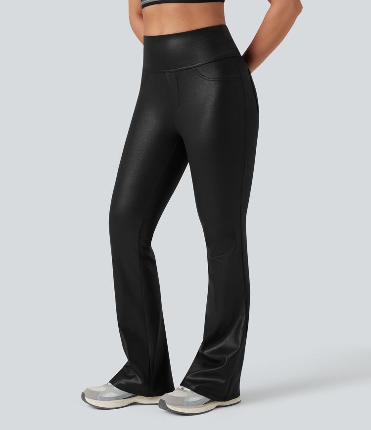 Halara Ultrasculpt™ Faux Leather Shine High Waisted Tummy Control Yoga Leggings with Pockets