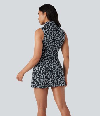 Halara UltraSculpt™ Leopard Print Polo Neck Half Zipper Sleeveless Micro Tennis Active Dress with Pockets