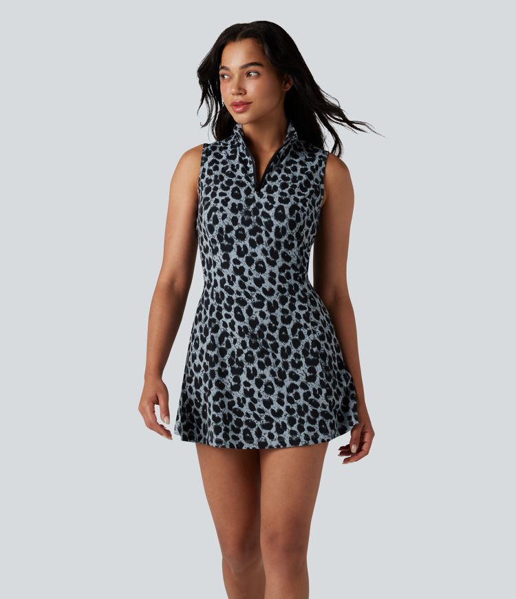 Halara UltraSculpt™ Leopard Print Polo Neck Half Zipper Sleeveless Micro Tennis Active Dress with Pockets