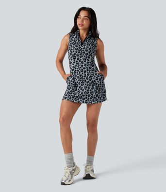 Halara UltraSculpt™ Leopard Print Polo Neck Half Zipper Sleeveless Micro Tennis Active Dress with Pockets